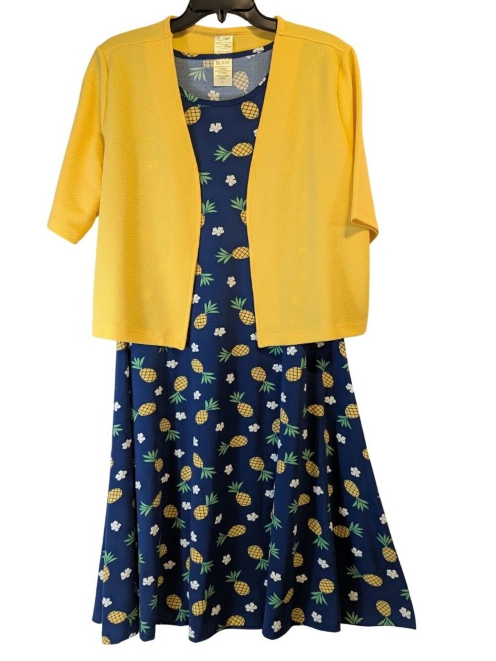 Blair Dress Jacket Set L Navy Pineapple Print A-Line Yellow Cardigan Outfit